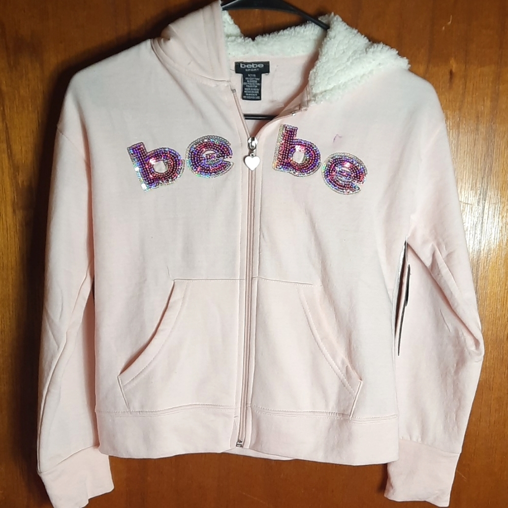 Bebe Sport Girls Hooded Sweat Jacket Size 7/8 Pink Purple Sequin Glitter NEW Tag